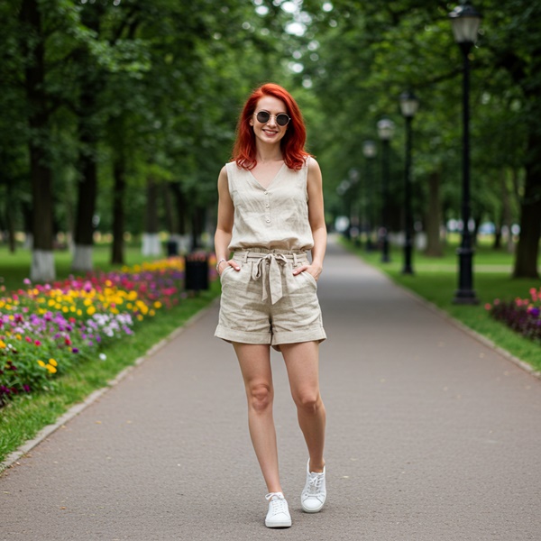 Look veraniego con short de lino y blusa sin mangas
