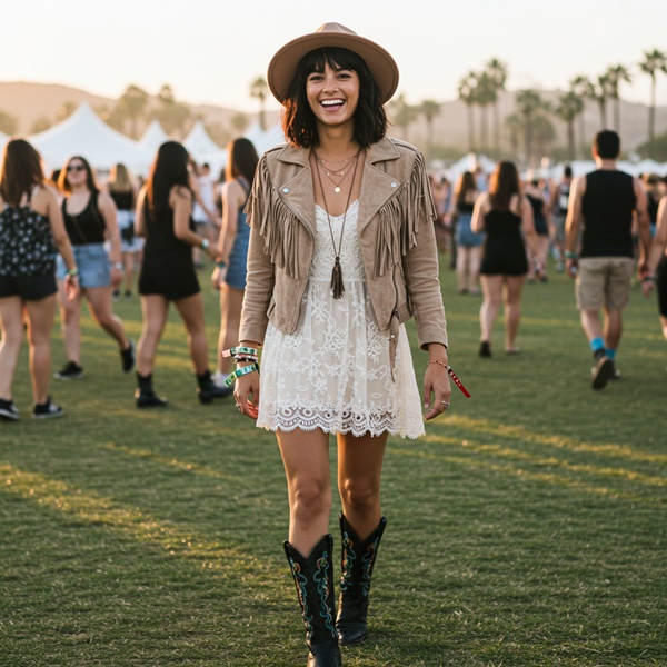 Look Western Chic con vestido blanco y botas