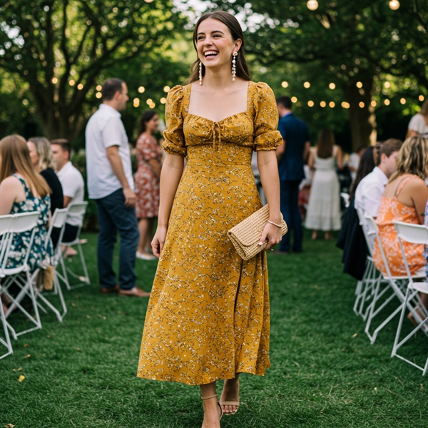 Look elegante Cottagecore para evento en jardín con vestido floral