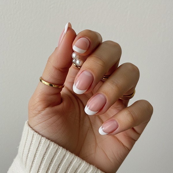 Uñas cortas estilo francés con base rosada y línea blanca delgada