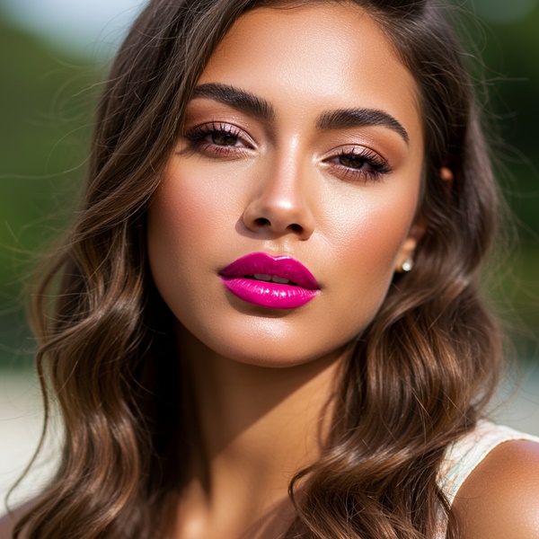 Labios con gloss coral y piel luminosa, ideal para días de verano