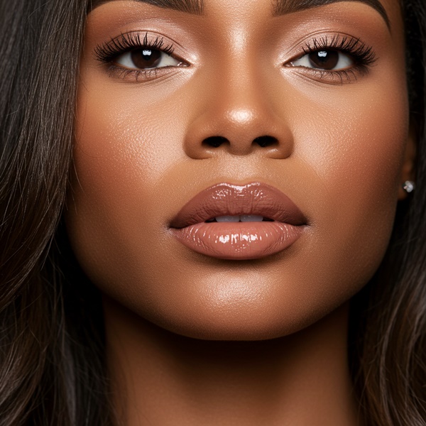 Labios con delineador marrón y gloss nude, look casual y natural