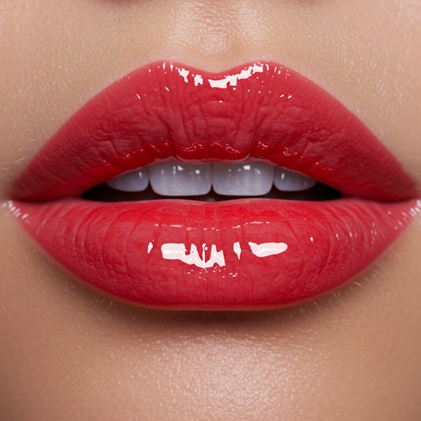 Labios cereza con gloss brillante tipo cherry-glazed