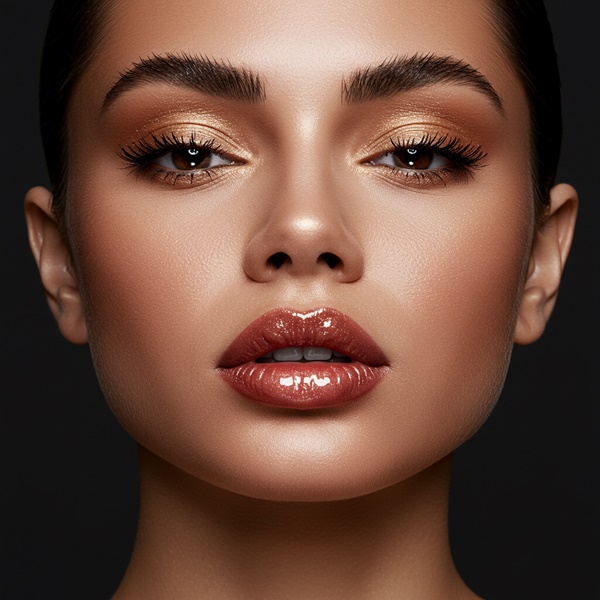 Labios con gloss shimmer dorado para look de noche brillante