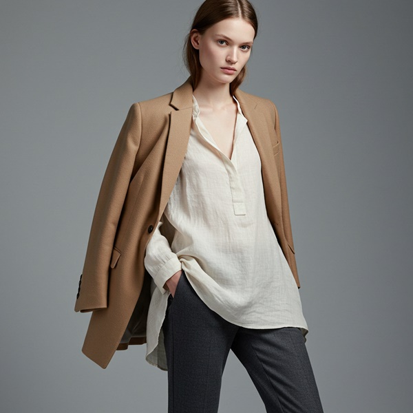 Outfit con blazer gris, blusa blanca y pantalón beige