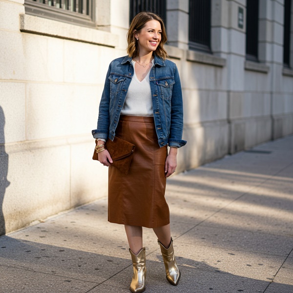 Look urbano Western Chic con falda de cuero y chamarra de mezclilla