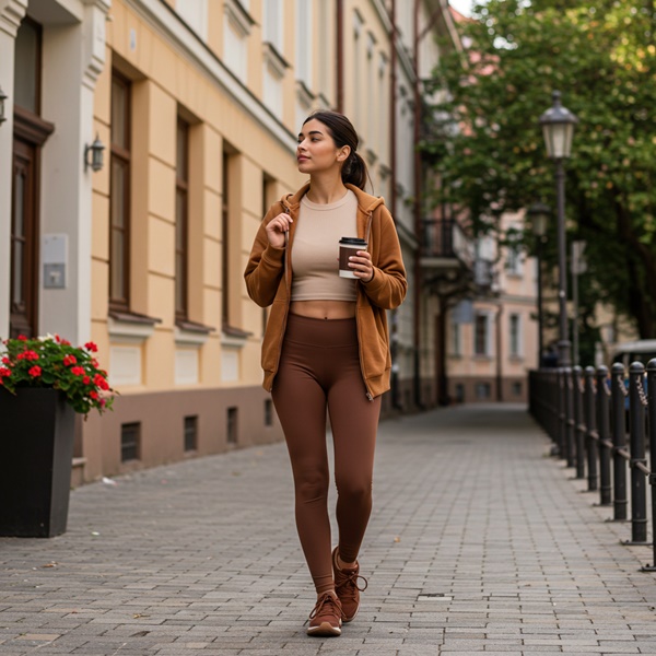 Look deportivo en tonos tierra con sneakers marrones chunky y estilo relajado