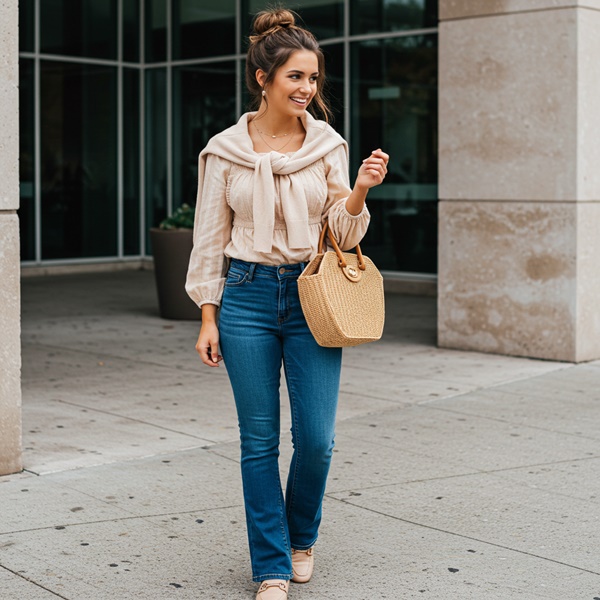 Outfit Cottagecore urbano con jeans rectos y blusa romántica