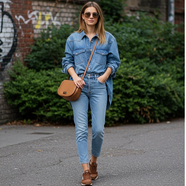 Look total denim con tenis marrones y accesorios dorados para estilo effortless