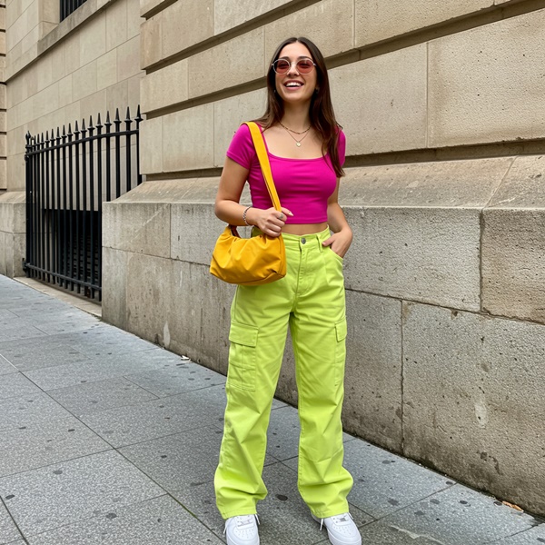 Look dopamina casual con pantalón verde lima y top rosa fucsia