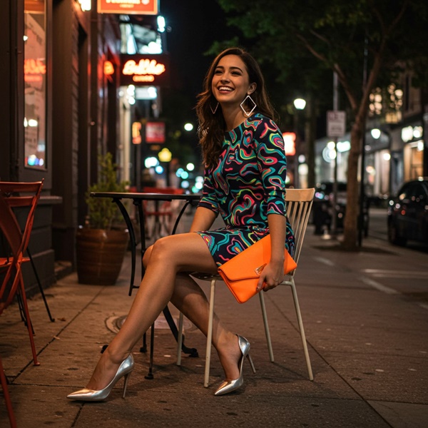 Vestido psicodélico con accesorios metálicos para un look de noche dopamina