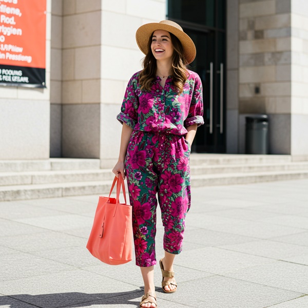 Mono floral en tonos vibrantes para look de vacaciones con sombrero