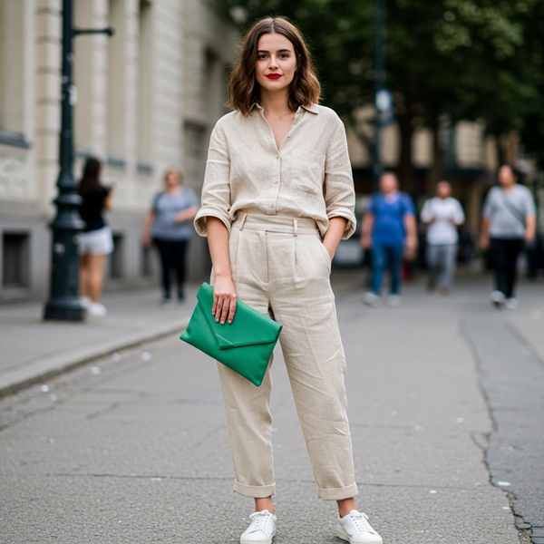 Look beige con labios rojos como acento de color