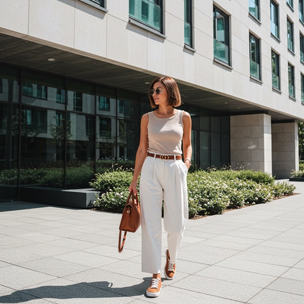 Look blanco con accesorios marrones y tenis café, combinación elegante y moderna