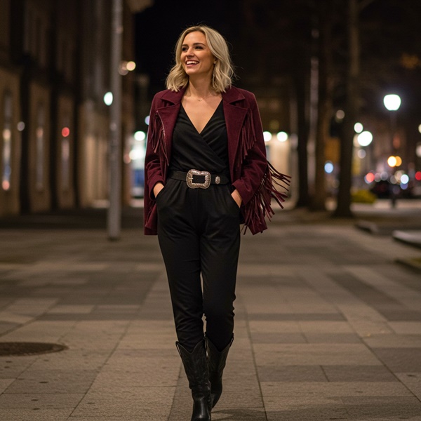 Look Western Chic de noche con chaqueta vino y botas negras