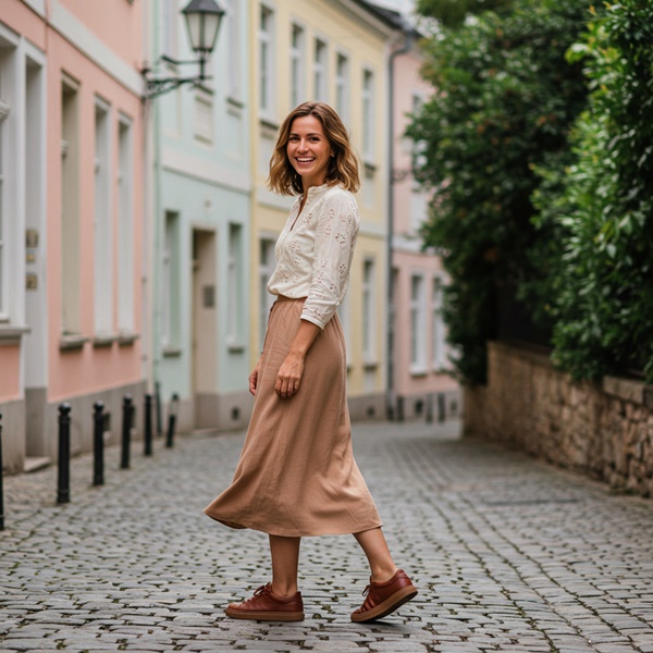 Outfit con falda midi y tenis marrones, estilo romántico con toque urbano