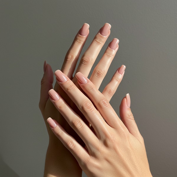 Manicura nude con efecto espejo brillante, estilo discreto y sofisticado