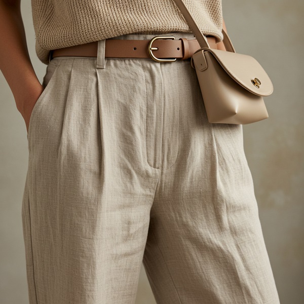 Mujer con outfit beige combinando lino, punto y cuero