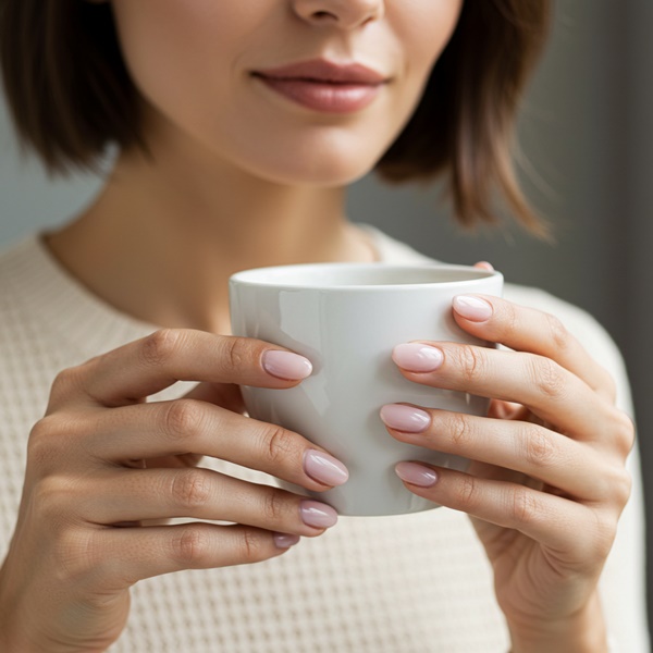 Uñas cortas con esmalte rosado lechoso, acabado brillante y limpio