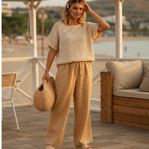 Top de crochet elevado combinado con pantalón fluido