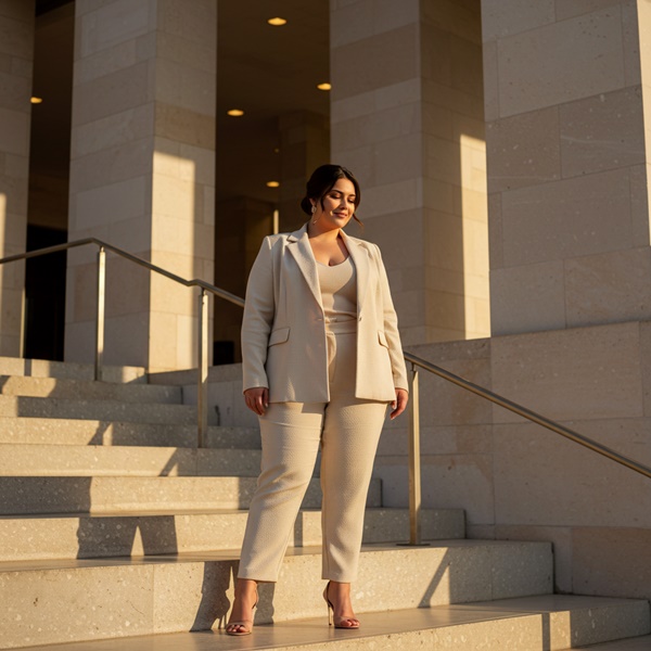 Mujer con traje blanco elegante para evento formal