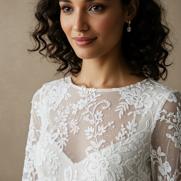 Vestido blanco con bordado 3D en textura monocromática