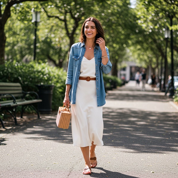 Vestido lencero blanco con camisa de mezclilla abierta