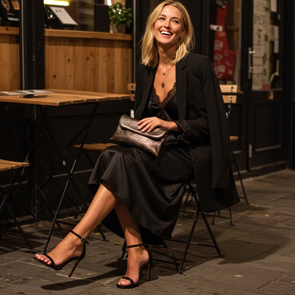 Mujer con vestido lencero negro con blazer, ideal para cena formal