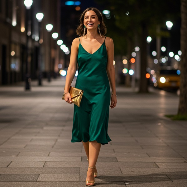 Mujer con vestido verde esmeralda y tacones dorados para boda