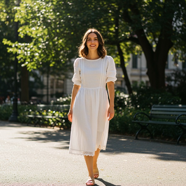 Vestido Cottagecore blanco con mangas abullonadas y encaje