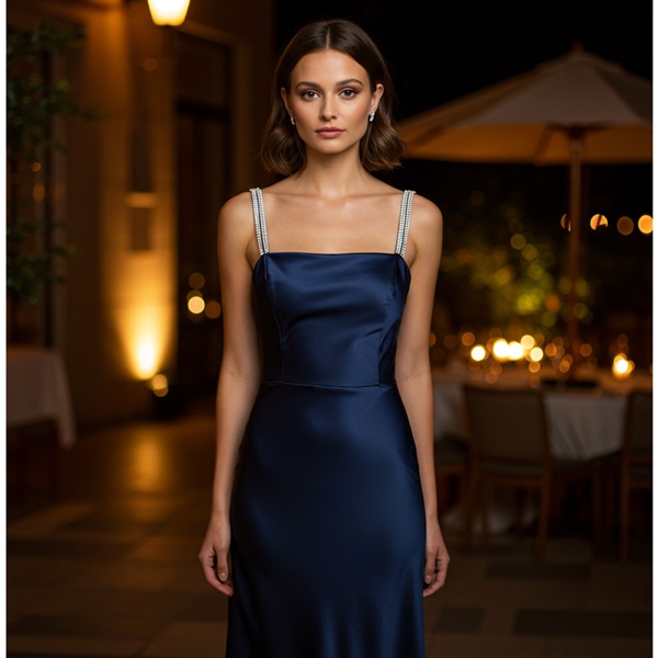 Vestido minimalista con detalles brillantes para graduación 2025