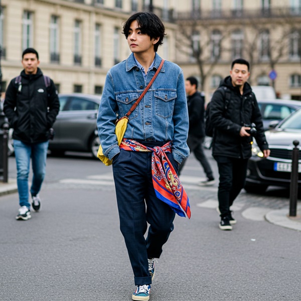 Bufanda fina verde sobre outfit neutro de Celine