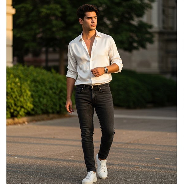 Look masculino con camisa de seda blanca y jeans para un outfit casual de verano