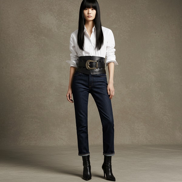 Look con jeans oscuros, camisa blanca y cinturón de cuero negro estilo Quiet Edge