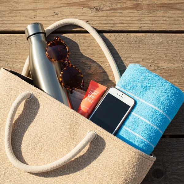 Bolso con artículos de belleza, incluido un lipscreens con protector solar 