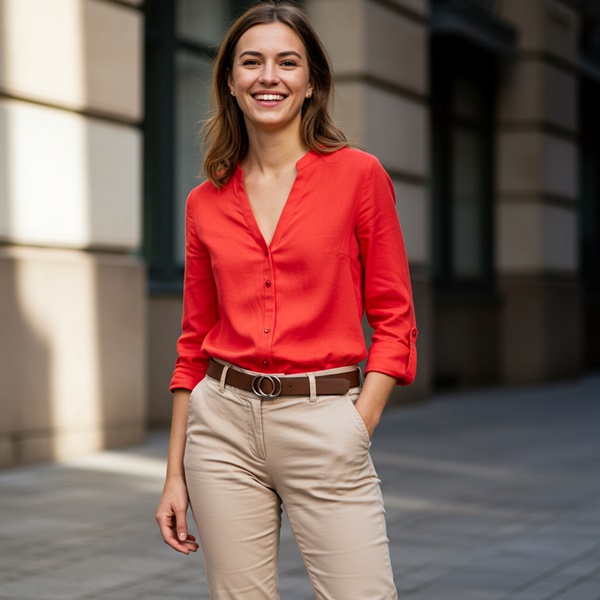 Outfit casual con pantalón beige y blusa roja