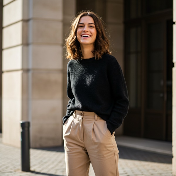 Mujer con look con pantalón beige y sueter negro