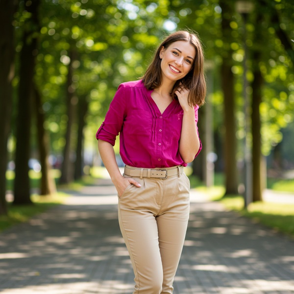 Look femenino con pantalón beige y top rosa