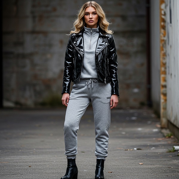 Look monocromático gris con chaqueta biker negra estilo Quiet Edge