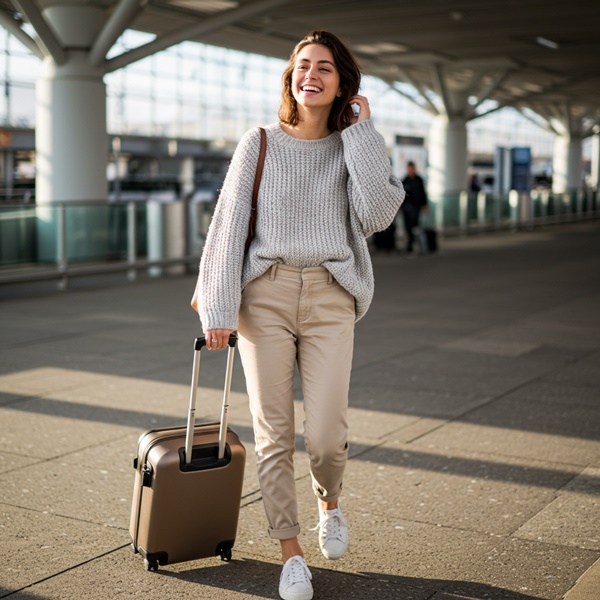 Outfit casual con pantalón beige y suéter gris claro