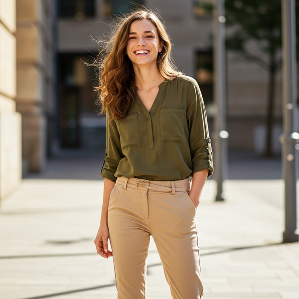 Look relajado con pantalón beige y blusa verde militar