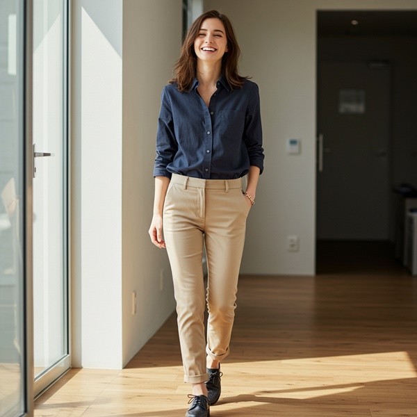 Look profesional con pantalón beige y camisa azul marino