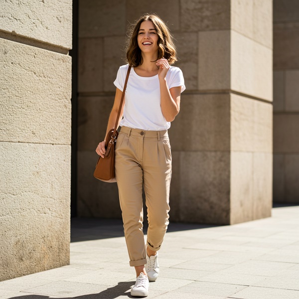 Look casual con pantalón beige y camisa blanca