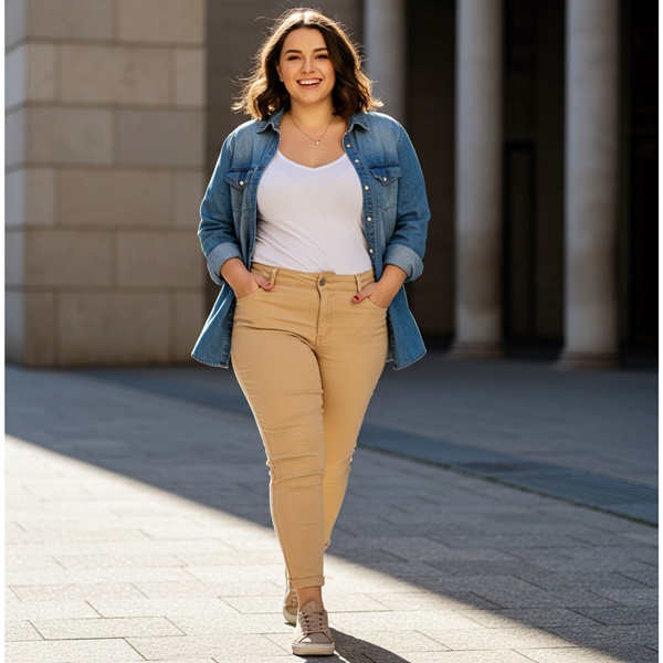 Look casual con pantalón beige y chaqueta de mezclilla