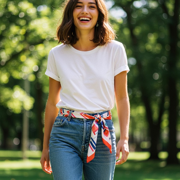 Mujer con jeans rectos y camiseta blanca usando un pañuelo estampado como cinturón