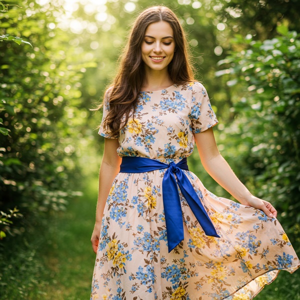 Vestido vaporoso con pañuelo satinado anudado a la cintura como cinturón