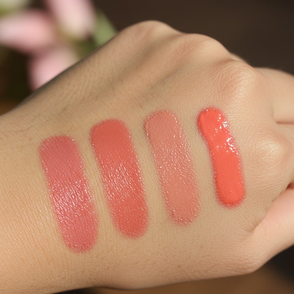 Tonos de lipscreen: nude, frambuesa y rosado glossy sobre piel 