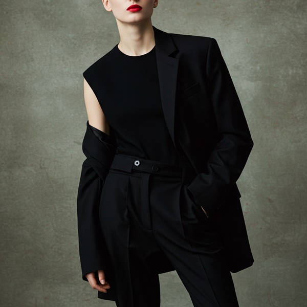 Mujer vestida de negro con blazer oversize y labios rojos estilo Quiet Edge