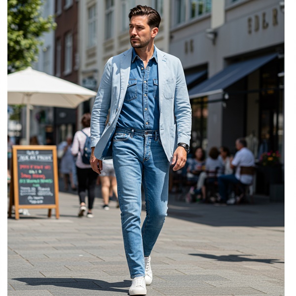 Look total denim con blazer azul en desfile Celine