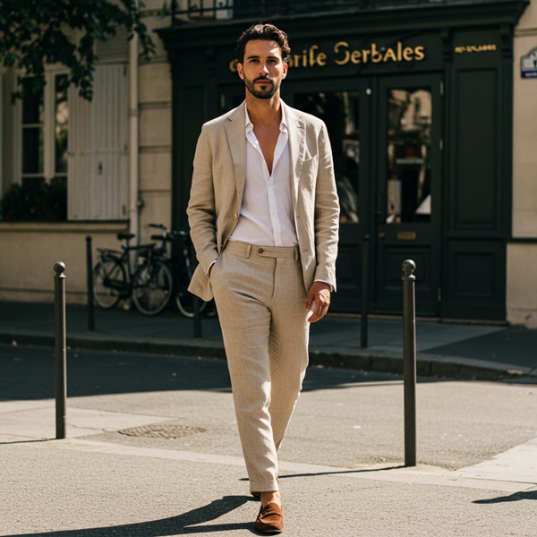 Hombre con traje de lino color crema, look de verano